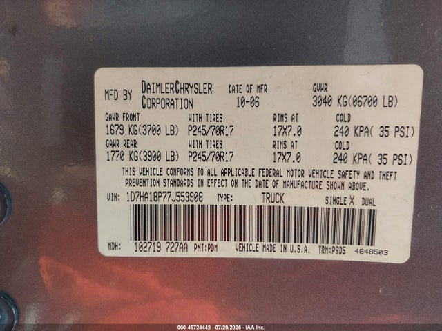 45724442 :رقم المزاد ، 1D7HA18P77J553908 vin ، 2007 Dodge Ram 1500 St مزاد بيع