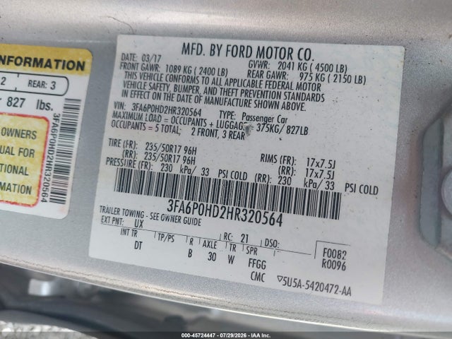 Aukcja sprzedaży 2017 Ford Fusion Se, vin: 3FA6P0HD2HR320564, numer aukcji: 45724447