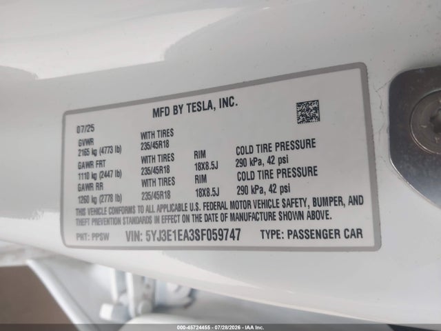 Aukcja sprzedaży 2025 Tesla Model 3, vin: 5YJ3E1EA3SF059747, numer aukcji: 45724455