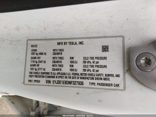 Aukcja sprzedaży 2022 Tesla Model 3 Long Range Dual Motor All-wheel Drive, vin: 5YJ3E1EB3NF327936, numer aukcji: 45724458