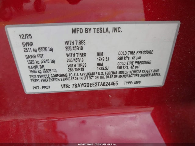 45724460 :رقم المزاد ، 7SAYGDEE3TA624455 vin ، 2026 Tesla Model Y All-wheel Drive/long Range Launch Series/premium All-wheel Drive مزاد بيع