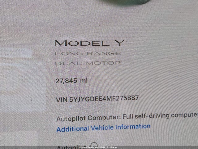 Aukcja sprzedaży 2021 Tesla Model Y Long Range Dual Motor All-wheel Drive, vin: 5YJYGDEE4MF275887, numer aukcji: 45724464
