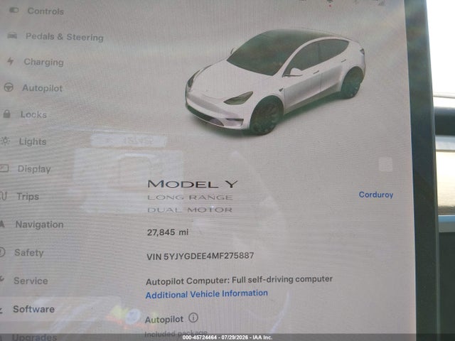 Aukcja sprzedaży 2021 Tesla Model Y Long Range Dual Motor All-wheel Drive, vin: 5YJYGDEE4MF275887, numer aukcji: 45724464