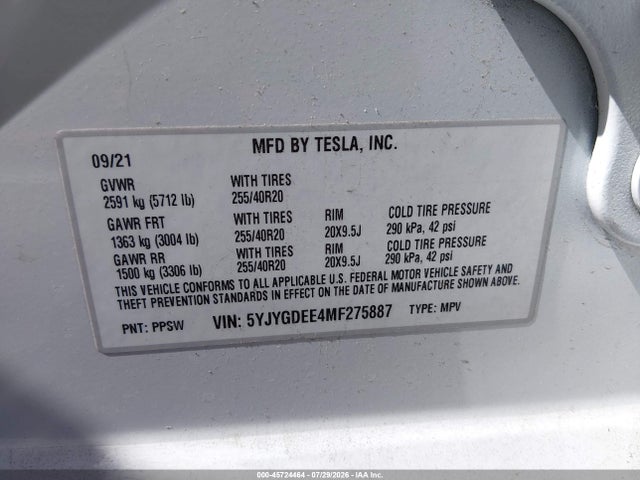 Aukcja sprzedaży 2021 Tesla Model Y Long Range Dual Motor All-wheel Drive, vin: 5YJYGDEE4MF275887, numer aukcji: 45724464