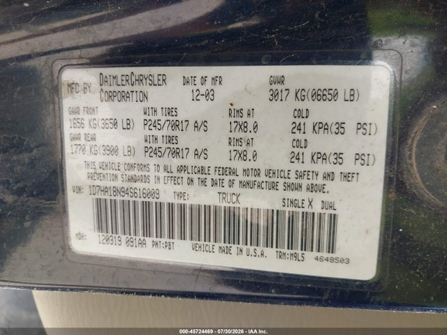 45724469 :رقم المزاد ، 1D7HA18N94S616009 vin ، 2004 Dodge Ram 1500 Slt/laramie مزاد بيع
