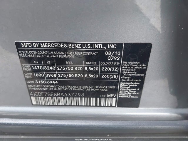 45724472 :رقم المزاد ، 4JGBF7BE8BA637798 vin ، 2011 Mercedes-benz Gl 450 4matic مزاد بيع