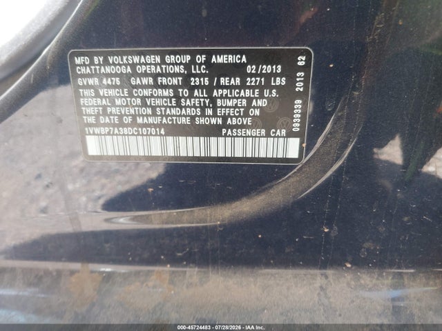 2013 Volkswagen Passat 2.5l Se მანქანა იყიდება აუქციონზე, vin: 1VWBP7A38DC107014, აუქციონის ნომერი: 45724483