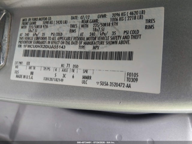 45724491 :رقم المزاد ، 1FMCU0HX2DUA55143 vin ، 2013 Ford Escape Sel مزاد بيع