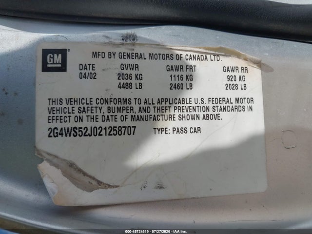 45724519 :رقم المزاد ، 2G4WS52J021258707 vin ، 2002 Buick Century Custom مزاد بيع