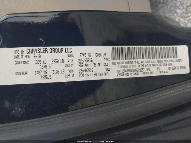 2010 Chrysler Town & Country Touring Plus მანქანა იყიდება აუქციონზე, vin: 2A4RR8D19AR398857, აუქციონის ნომერი: 45724535