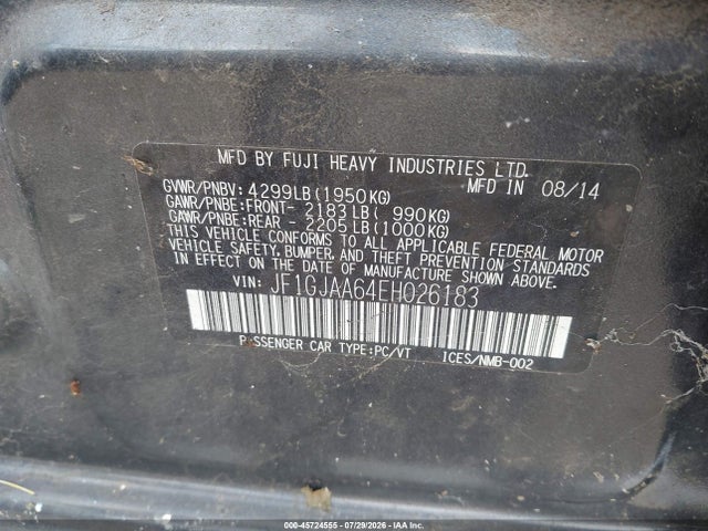 Aukcja sprzedaży 2014 Subaru Impreza 2.0i, vin: JF1GJAA64EH026183, numer aukcji: 45724555