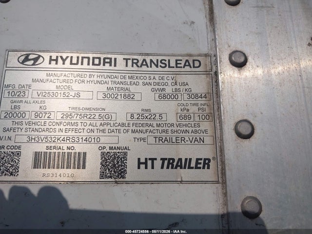 2024 Hyundai Translead Inc Hyundai Translead Inc მანქანა იყიდება აუქციონზე, vin: 3H3V532K4RS314010, აუქციონის ნომერი: 45724556