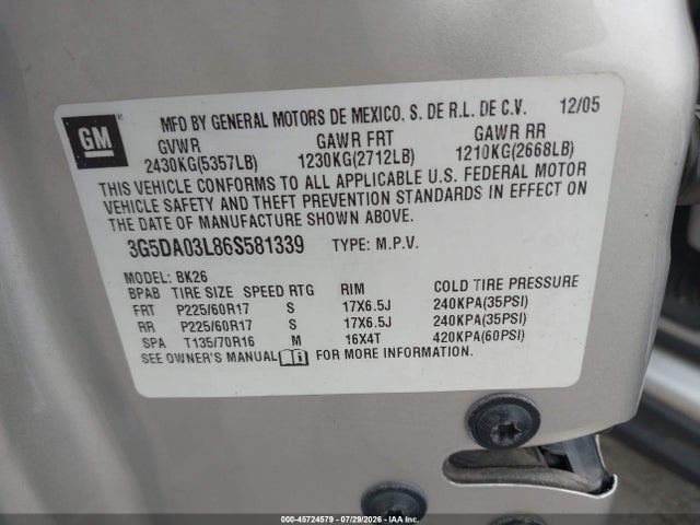 Продажа на аукционе авто 2006 Buick Rendezvous Cx, vin: 3G5DA03L86S581339, номер лота: 45724579