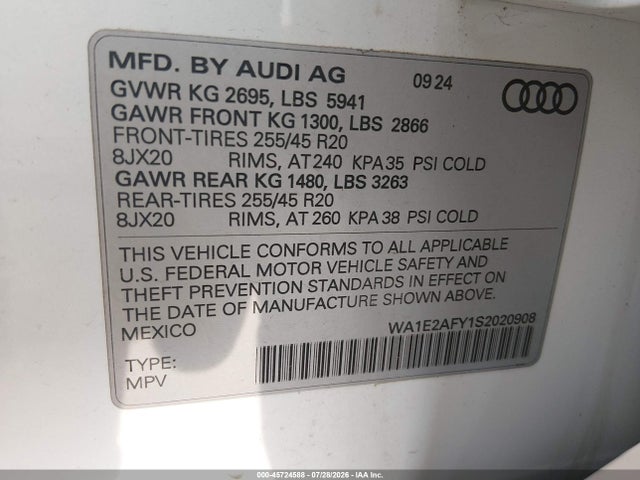 Продаж на аукціоні авто 2025 Audi Q5 Premium Plus 55 Tfsi E S Line Quattro S Tronic, vin: WA1E2AFY1S2020908, номер лоту: 45724588