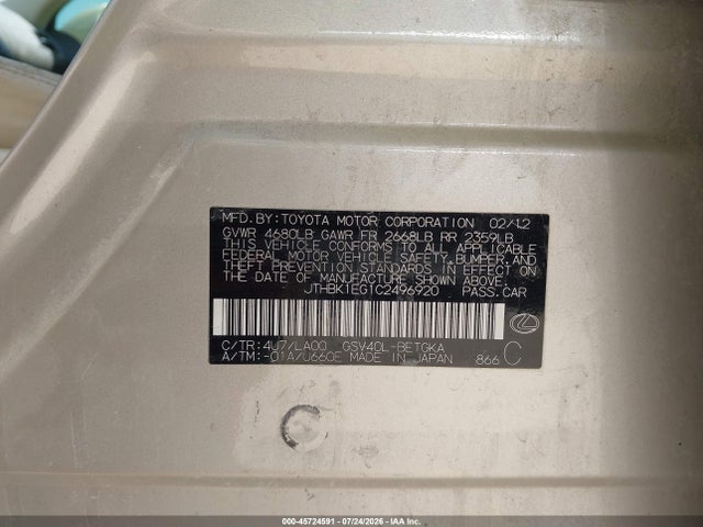 Aukcja sprzedaży 2012 Lexus Es 350, vin: JTHBK1EG1C2496920, numer aukcji: 45724591
