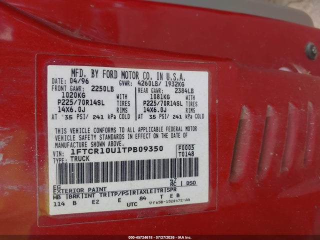 45724618 :رقم المزاد ، 1FTCR10U1TPB09350 vin ، 1996 Ford Ranger مزاد بيع
