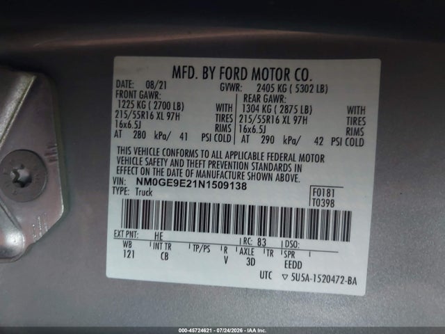 2022 Ford Transit Connect Xl Passenger მანქანა იყიდება აუქციონზე, vin: NM0GE9E21N1509138, აუქციონის ნომერი: 45724621