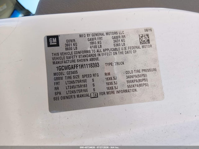 Chevrolet Express 2500 Work Van 2017 1GCWGAFF1H1118393 Image 9