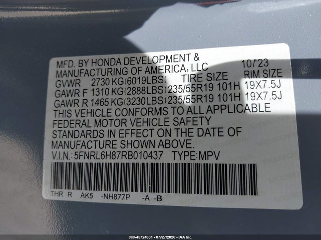 Продаж на аукціоні авто 2024 Honda Odyssey Touring, vin: 5FNRL6H87RB010437, номер лоту: 45724631