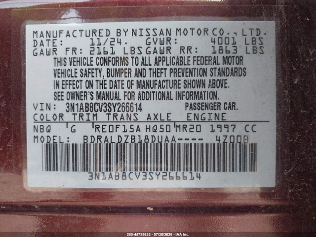 Продажа на аукционе авто 2025 Nissan Sentra Sv, vin: 3N1AB8CV3SY266614, номер лота: 45724633