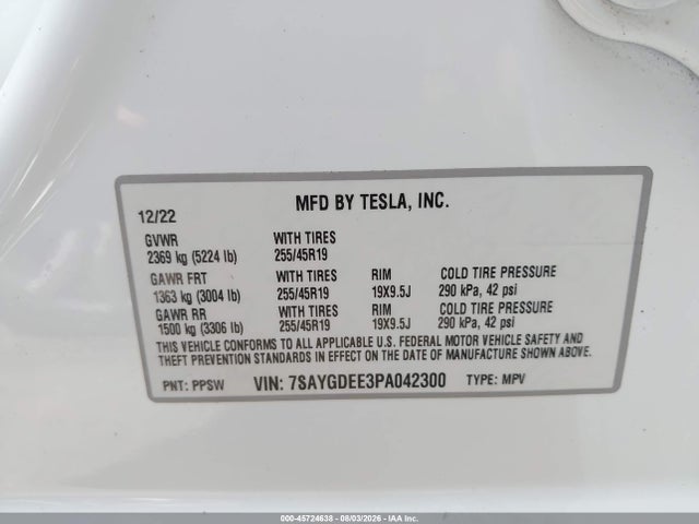 Продаж на аукціоні авто 2023 Tesla Model Y Awd/long Range Dual Motor All-wheel Drive, vin: 7SAYGDEE3PA042300, номер лоту: 45724638