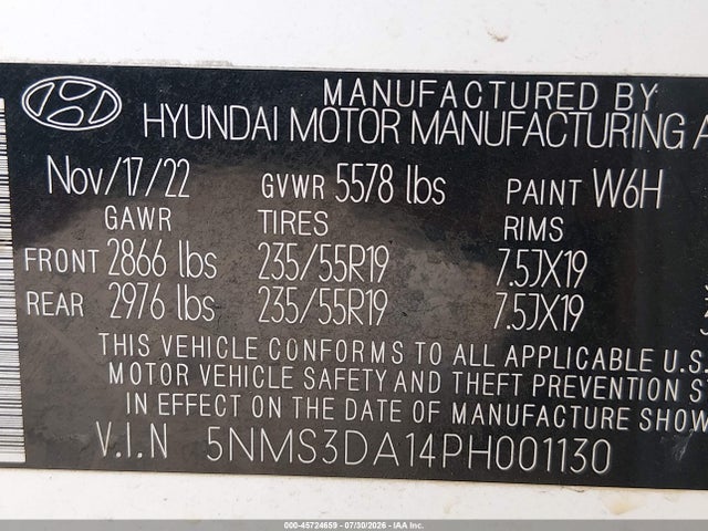 Продажа на аукционе авто 2023 Hyundai Santa Fe Hybrid Sel Premium, vin: 5NMS3DA14PH001130, номер лота: 45724659
