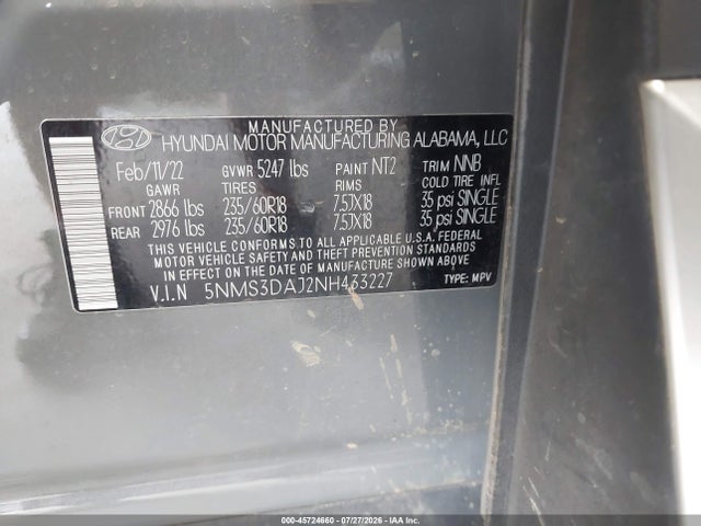 Продажа на аукционе авто 2022 Hyundai Santa Fe Sel, vin: 5NMS3DAJ2NH433227, номер лота: 45724660