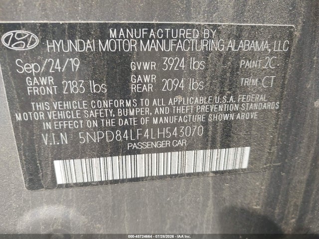 Aukcja sprzedaży 2020 Hyundai Elantra Sel, vin: 5NPD84LF4LH543070, numer aukcji: 45724664