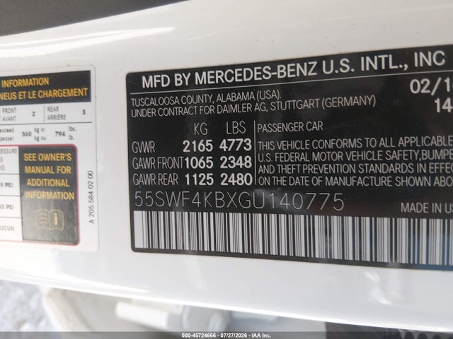 Aukcja sprzedaży 2016 Mercedes-benz C 300 4matic, vin: 55SWF4KBXGU140775, numer aukcji: 45724666