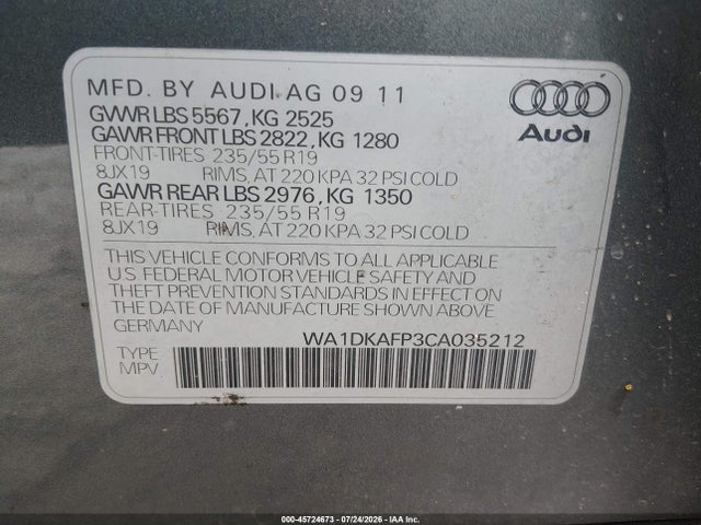 Aukcja sprzedaży 2012 Audi Q5 3.2 Premium Plus, vin: WA1DKAFP3CA035212, numer aukcji: 45724673