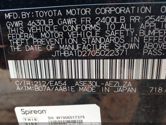 Aukcja sprzedaży 2016 Lexus Is 200t, vin: JTHBA1D27G5022371, numer aukcji: 45724674