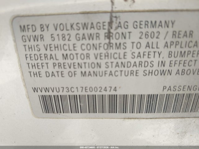 Aukcja sprzedaży 2007 Volkswagen Passat 3.6, vin: WVWVU73C17E002474, numer aukcji: 45724680