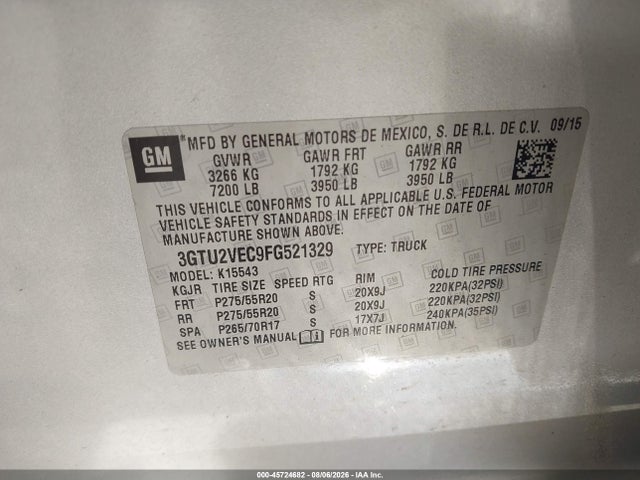 Aukcja sprzedaży 2015 Gmc Sierra 1500 Slt, vin: 3GTU2VEC9FG521329, numer aukcji: 45724682