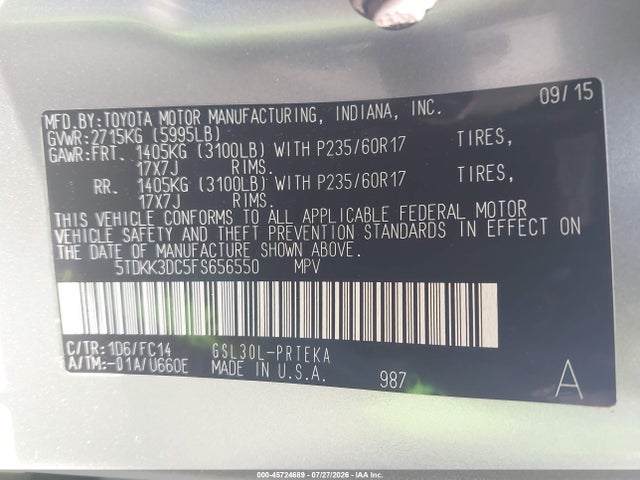 Aukcja sprzedaży 2015 Toyota Sienna Le 8 Passenger, vin: 5TDKK3DC5FS656550, numer aukcji: 45724689