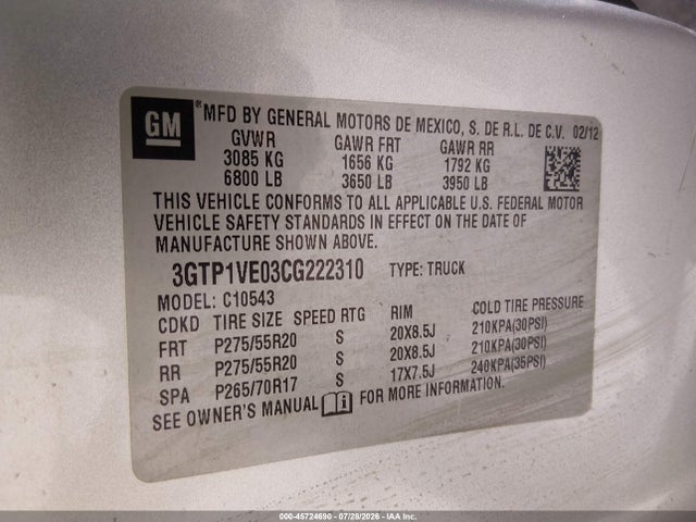 2012 Gmc Sierra 1500 Sle მანქანა იყიდება აუქციონზე, vin: 3GTP1VE03CG222310, აუქციონის ნომერი: 45724690