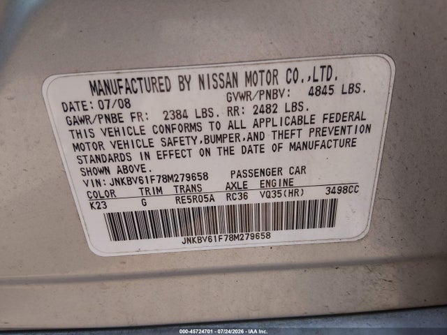 Продаж на аукціоні авто 2008 Infiniti G35x, vin: JNKBV61F78M279658, номер лоту: 45724701