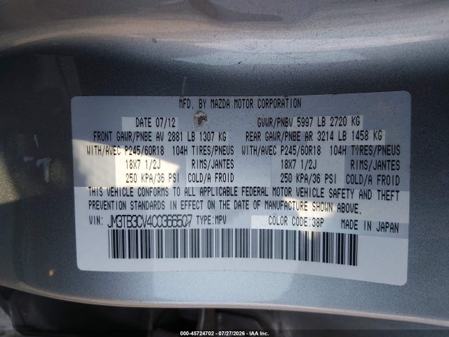 2012 Mazda Cx-9 Touring მანქანა იყიდება აუქციონზე, vin: JM3TB3CV4C0366507, აუქციონის ნომერი: 45724702