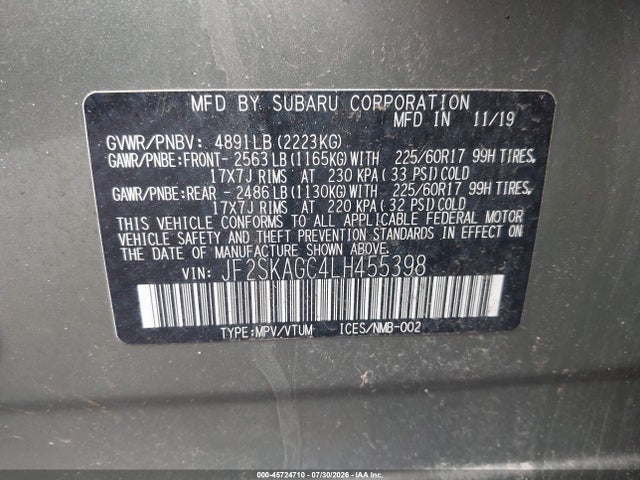 Продаж на аукціоні авто 2020 Subaru Forester Premium, vin: JF2SKAGC4LH455398, номер лоту: 45724710