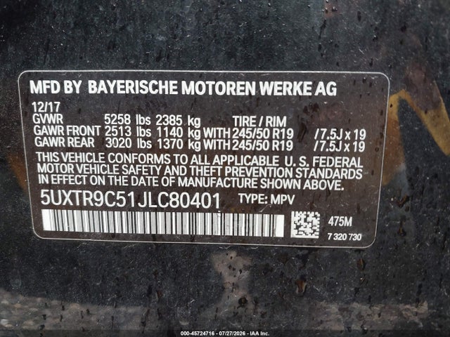 45724716 :رقم المزاد ، 5UXTR9C51JLC80401 vin ، 2018 Bmw X3 Xdrive30i مزاد بيع