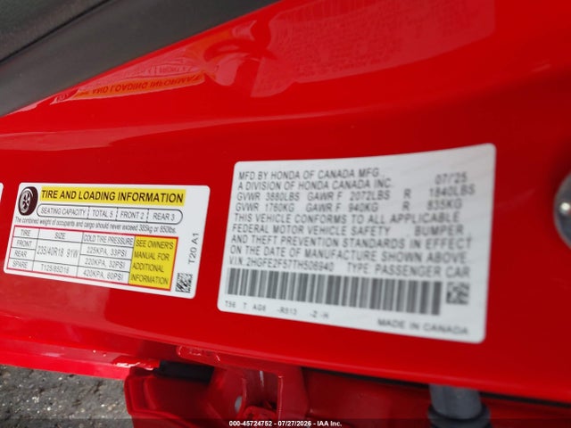 Продажа на аукционе авто 2026 Honda Civic Sport, vin: 2HGFE2F57TH506940, номер лота: 45724752