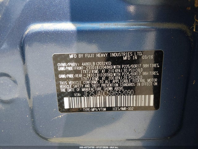 2016 Subaru Forester 2.5i Premium მანქანა იყიდება აუქციონზე, vin: JF2SJADC5GH552090, აუქციონის ნომერი: 45724755