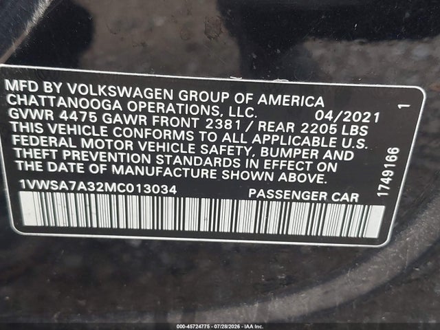 Продаж на аукціоні авто 2021 Volkswagen Passat 2.0t Se, vin: 1VWSA7A32MC013034, номер лоту: 45724775