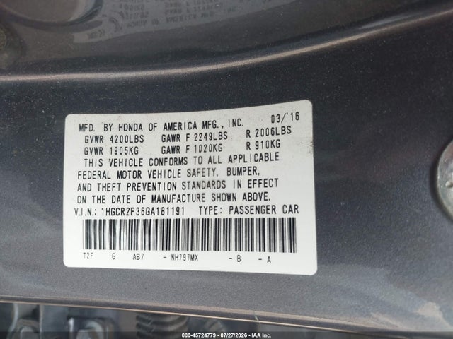 2016 Honda Accord Lx მანქანა იყიდება აუქციონზე, vin: 1HGCR2F36GA181191, აუქციონის ნომერი: 45724779