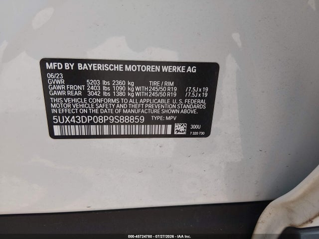 Продаж на аукціоні авто 2023 Bmw X3 Sdrive30i, vin: 5UX43DP08P9S88859, номер лоту: 45724780