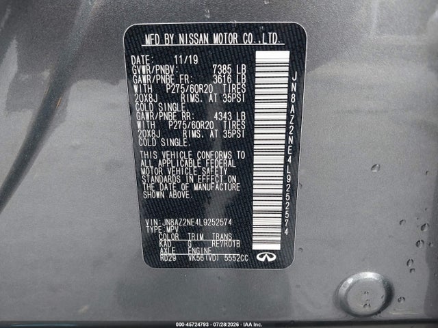 45724793 :رقم المزاد ، JN8AZ2NE4L9252574 vin ، 2020 Infiniti Qx80 Luxe Awd مزاد بيع