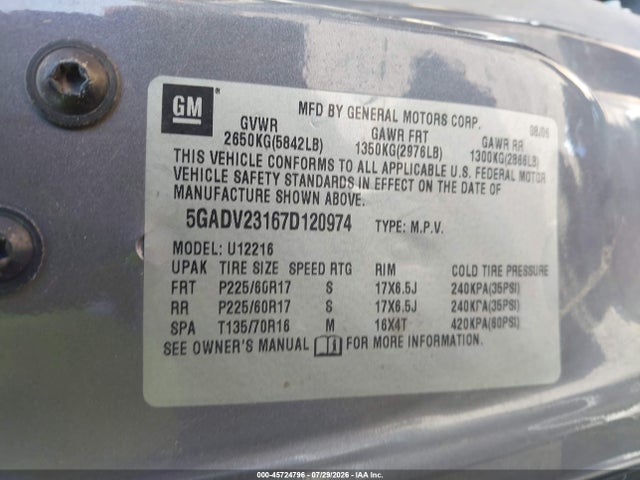 2007 Buick Terraza Cx მანქანა იყიდება აუქციონზე, vin: 5GADV23167D120974, აუქციონის ნომერი: 45724796