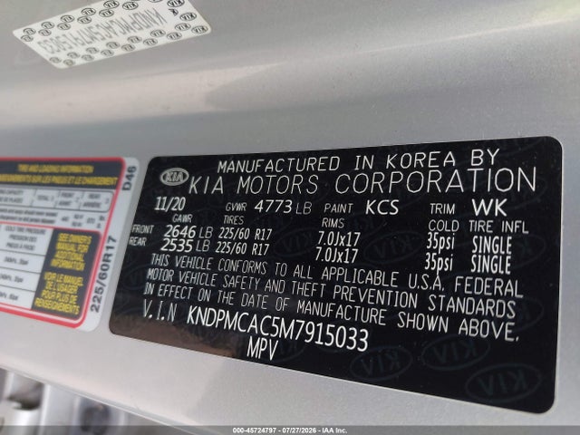 45724797 :رقم المزاد ، KNDPMCAC5M7915033 vin ، 2021 Kia Sportage Lx مزاد بيع