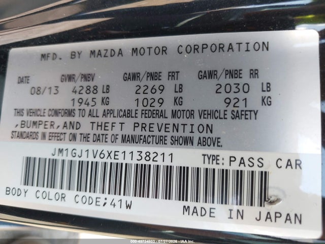 Aukcja sprzedaży 2014 Mazda Mazda6 I Touring, vin: JM1GJ1V6XE1138211, numer aukcji: 45724803