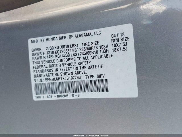 5FNRL6H7XJB107790 Honda Odyssey Ex-l