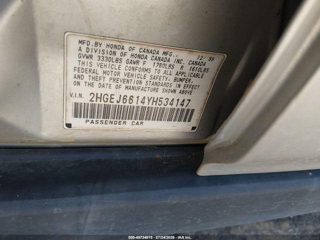 Продажа на аукционе авто 2000 Honda Civic Value Package, vin: 2HGEJ6614YH534147, номер лота: 45724815